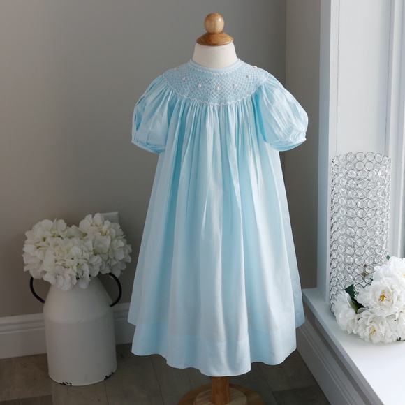 Smocked Dress Strasburg Aqua Blue Hand Pink Embroidery Size 5 100% Cotton - Picture 1 of 4